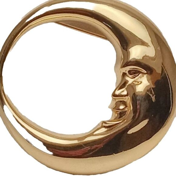 Vintage Gold Tone Crescent Moon Man Brooch Chunky Pin Waxing Eclipse Face Grin - Picture 4 of 13